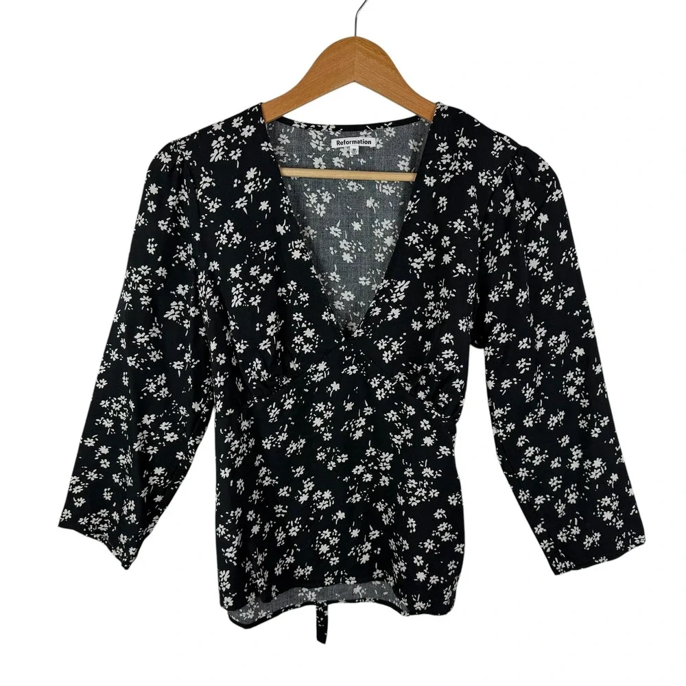 Reformation Black Floral Tie Back Babydoll Blouse Medium Lightweight Feminine